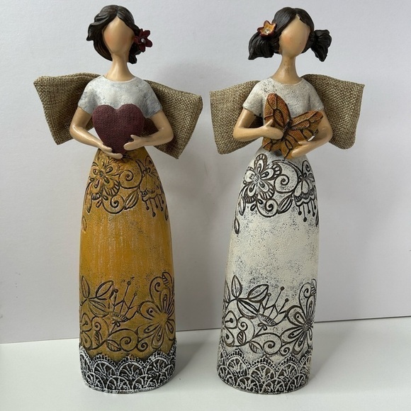 2 Primitive Angel Figurines Floral Lace Skirt Holding flower & heart Collectible - Picture 1 of 8